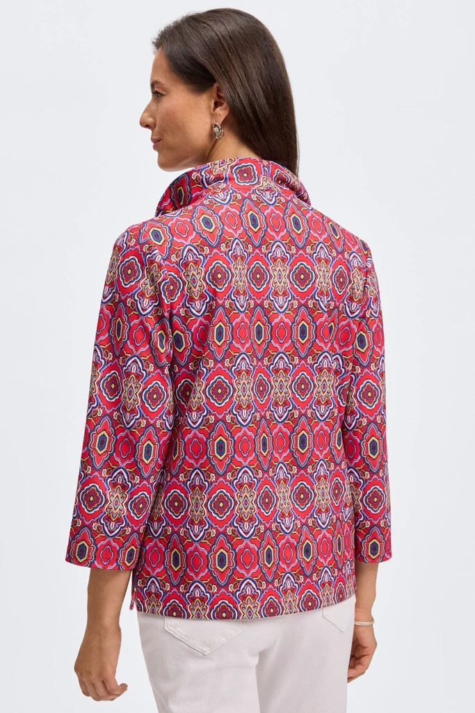 Tammy Geometric Tile Knit Crepe 3/4 Sleeve Popover Shirt - Image 5