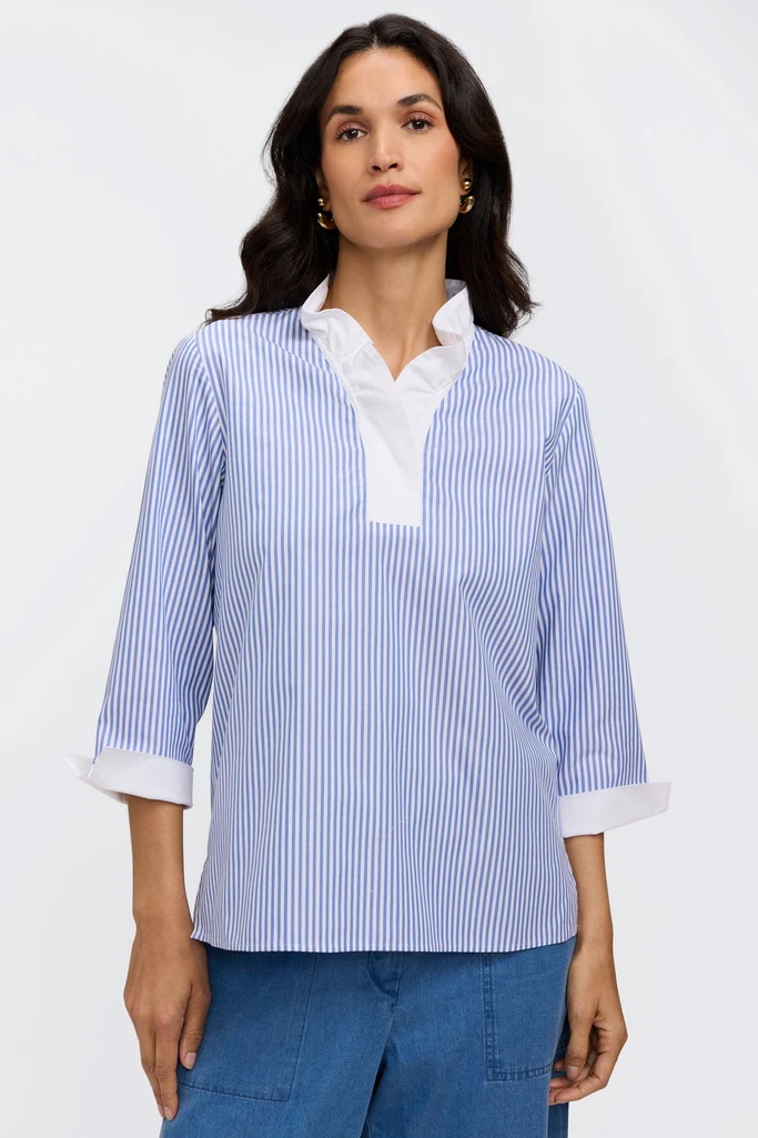 Tammy No Iron Pinpoint Striped 3/4 Sleeve Popover Shirt