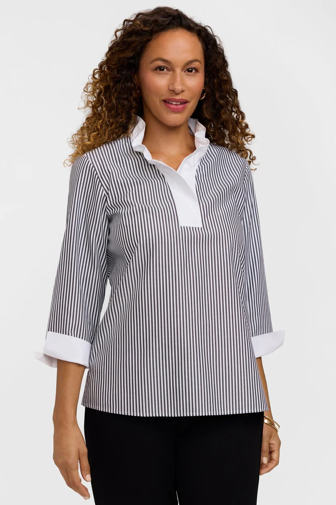Tammy No Iron Pinpoint Striped 3/4 Sleeve Popover Shirt - Image 25