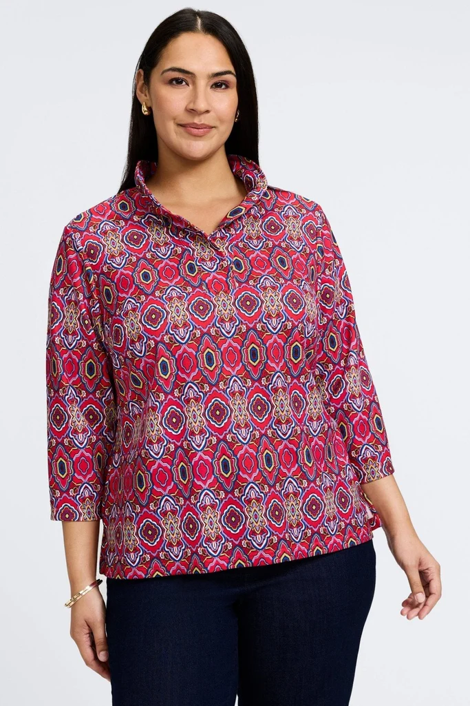 Tammy Plus Geometric Tile Knit Crepe 3/4 Sleeve Popover Shirt - Image 4