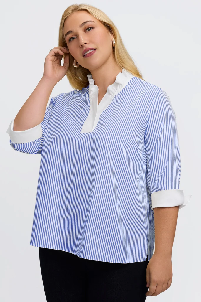 Tammy Plus No Iron Pinpoint Striped 3/4 Sleeve Popover Shirt - Image 3
