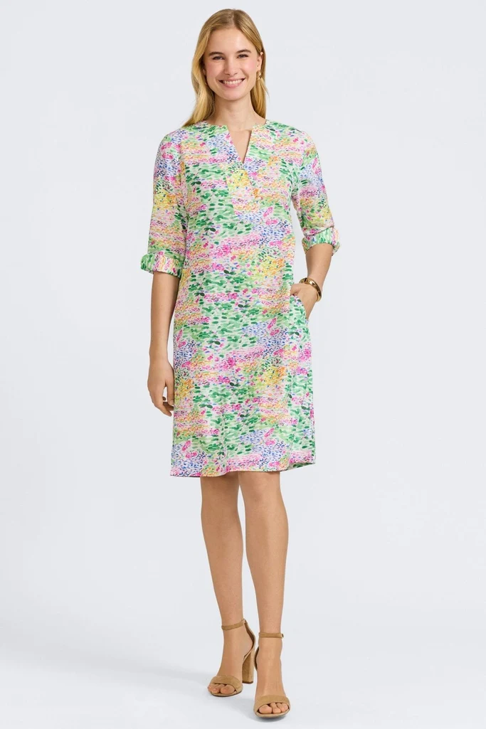 Vena Linen Impressionist Floral 3/4 Sleeve Dress - Image 4