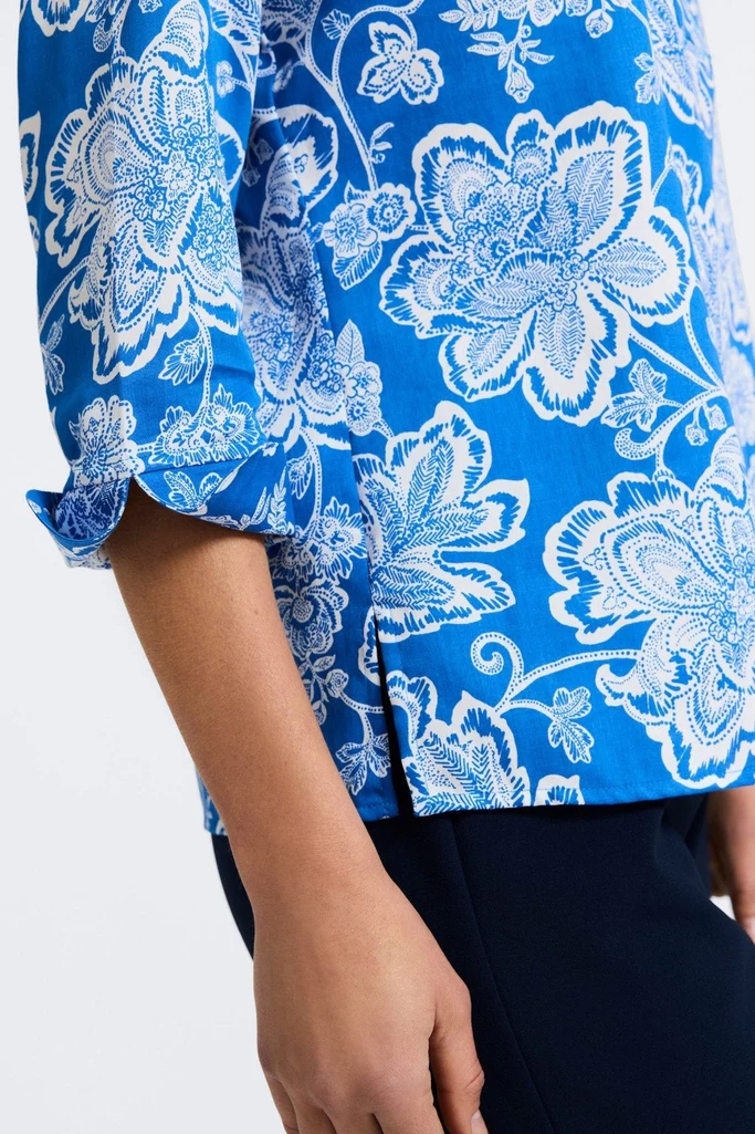 Vena Woodblock Floral 3/4 Sleeve Popover Shirt - Image 3