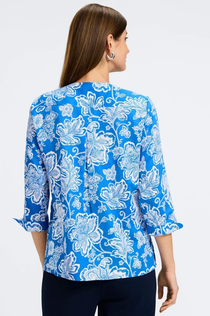 Vena Woodblock Floral 3/4 Sleeve Popover Shirt - Image 4