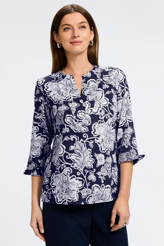 Vena Woodblock Floral 3/4 Sleeve Popover Shirt - Image 5