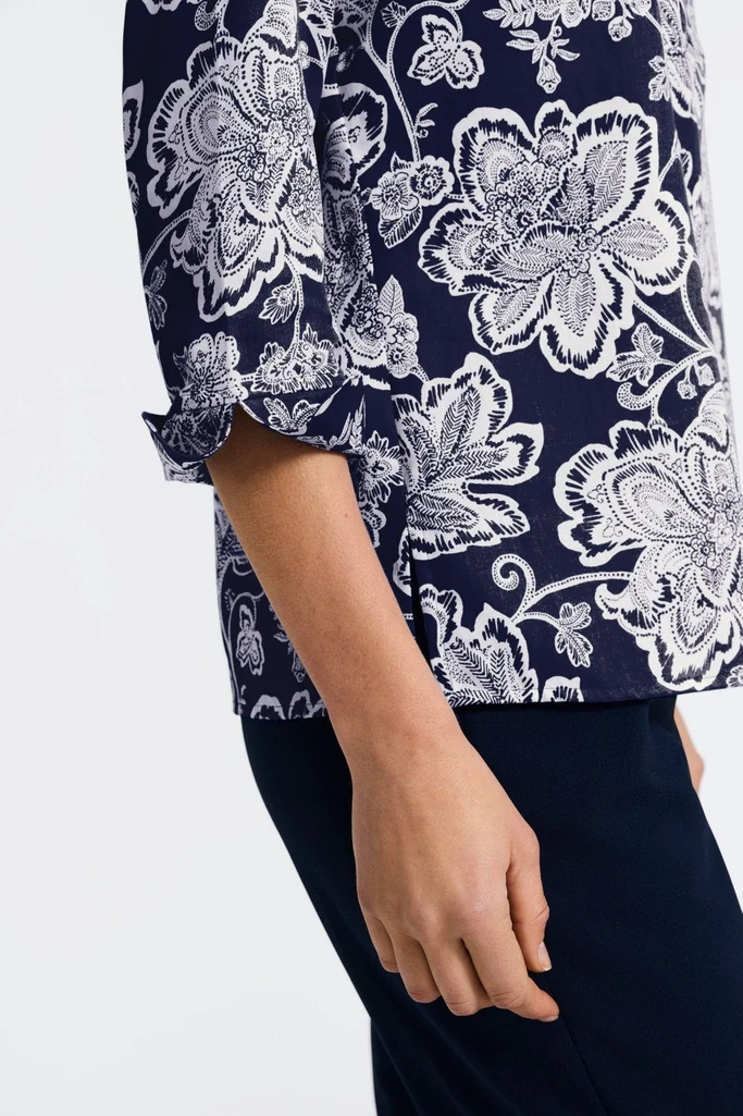 Vena Woodblock Floral 3/4 Sleeve Popover Shirt - Image 6