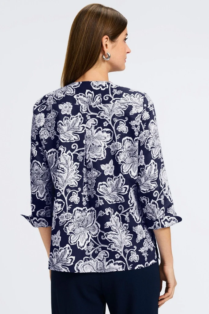 Vena Woodblock Floral 3/4 Sleeve Popover Shirt - Image 8