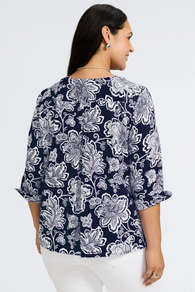 Vena Plus Woodblock Floral 3/4 Sleeve Popover Shirt - Image 12