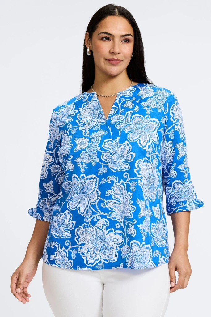 Vena Plus Woodblock Floral 3/4 Sleeve Popover Shirt - Image 4