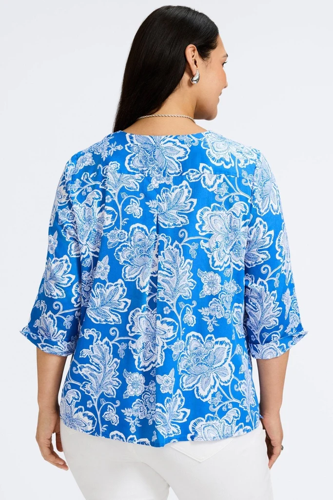 Vena Plus Woodblock Floral 3/4 Sleeve Popover Shirt - Image 6