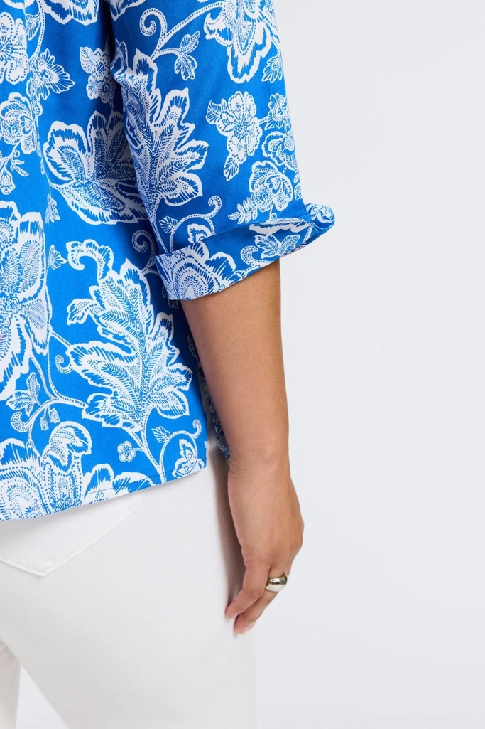 Vena Plus Woodblock Floral 3/4 Sleeve Popover Shirt - Image 8