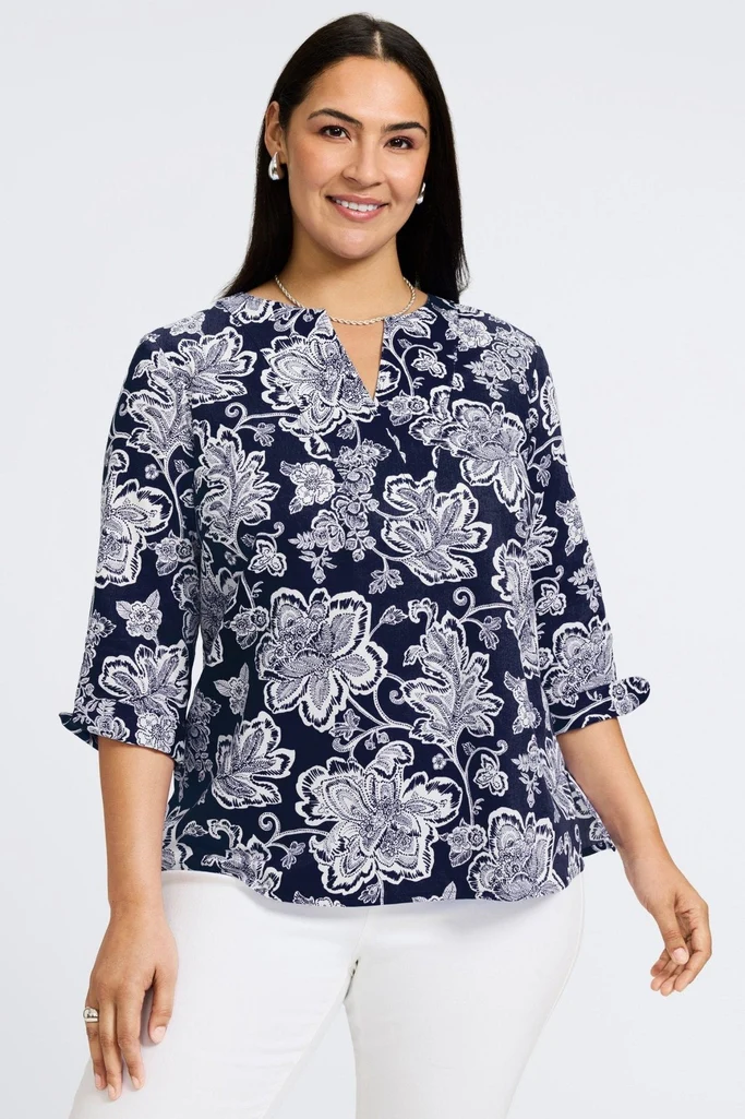 Vena Plus Woodblock Floral 3/4 Sleeve Popover Shirt - Image 9