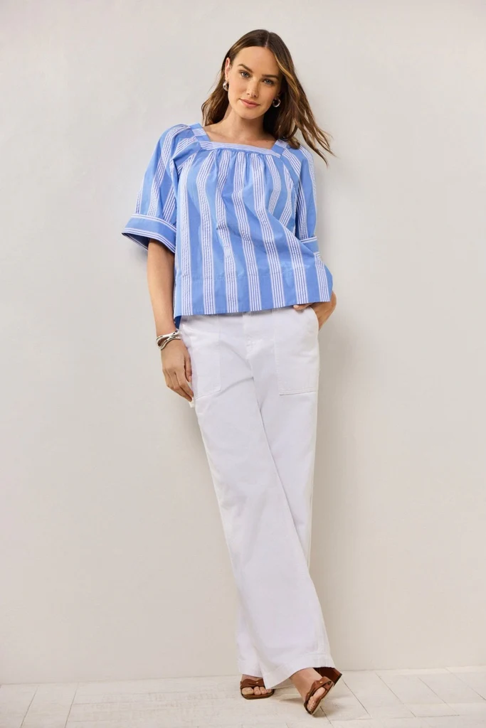 Violet Seersucker Variegated Stripe Elbow Sleeve Popover Shirt - Image 3