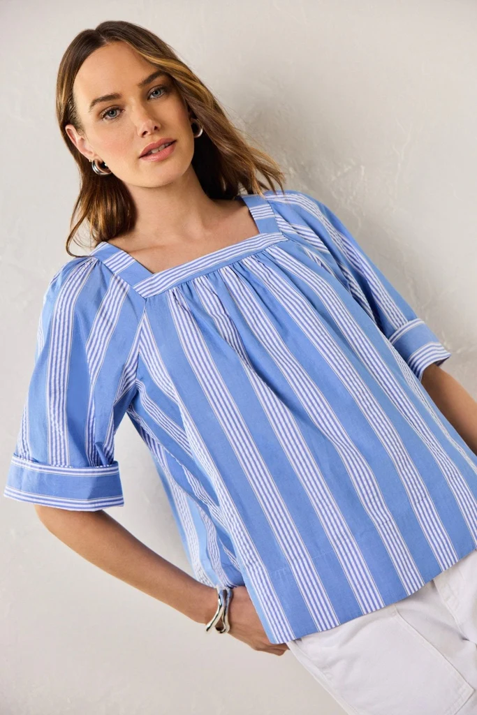 Violet Seersucker Variegated Stripe Elbow Sleeve Popover Shirt - Image 4
